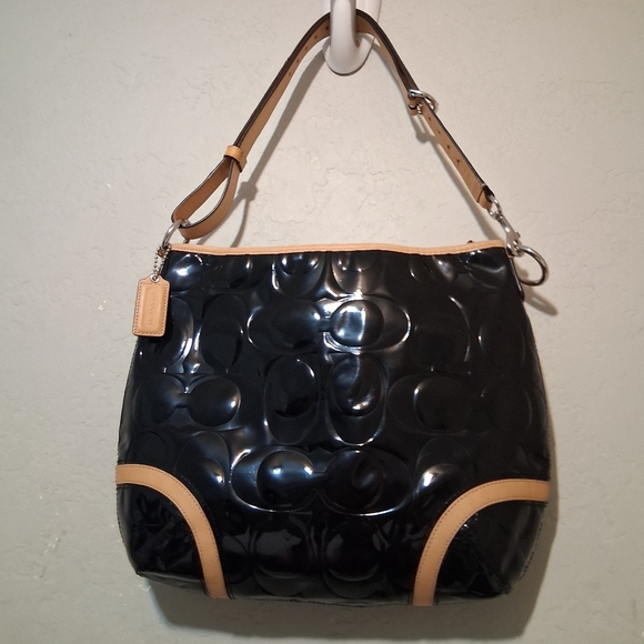 Coach Peyton Embossed Patent Leather Shoulder Bag Black-Tan - Picture 3 of 15